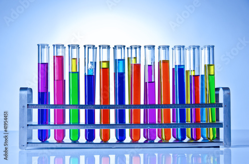 Laboratory test tubes with colored liquids inside