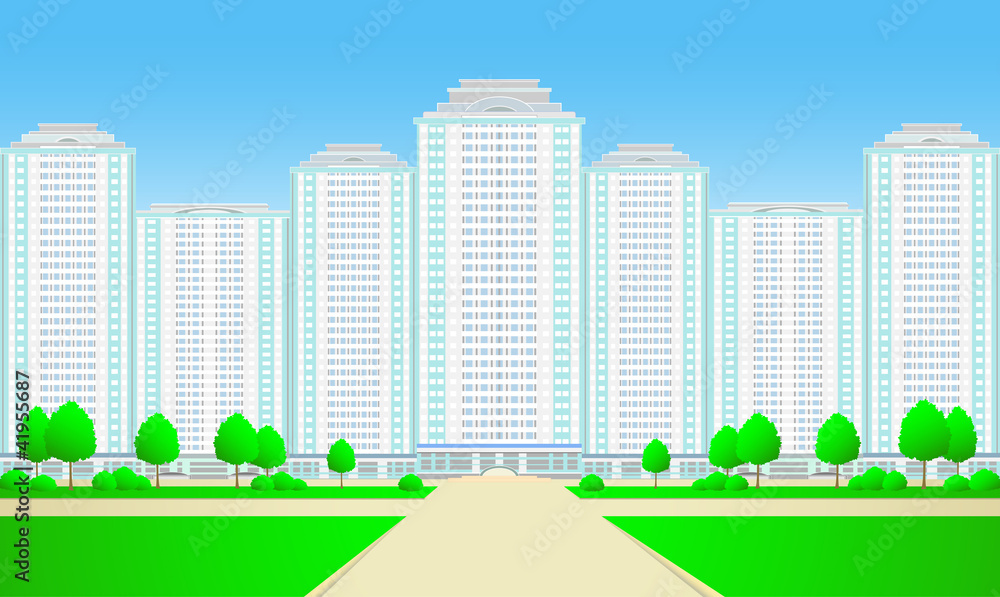 New city skyscrapers with road,tree and grass on sky background