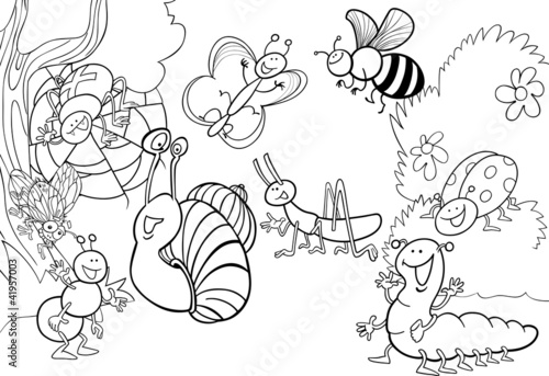 cartoon insects on the meadow for coloring