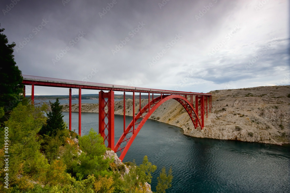 Fototapeta premium Red suspension bridge, Maslenica Croatia
