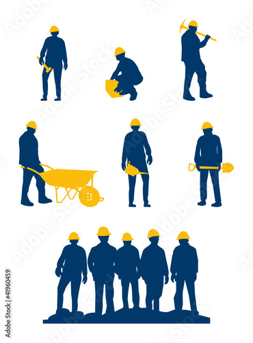 workers silhouette with yellow tools and helmet