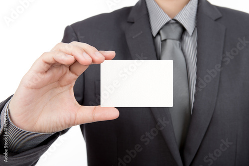 Business man handing blank business card isolate on white backg