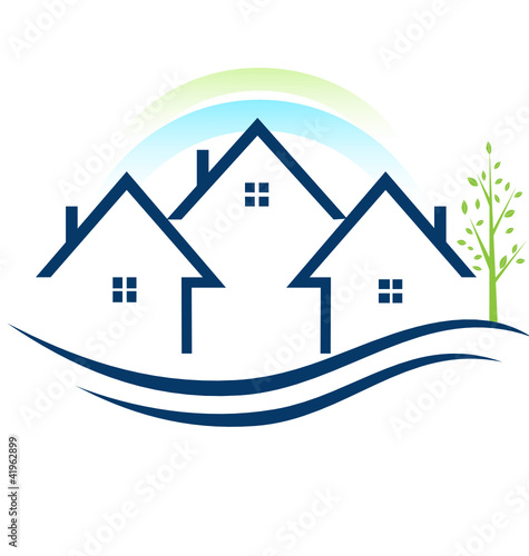 Houses apartments with tree and rainbow logo