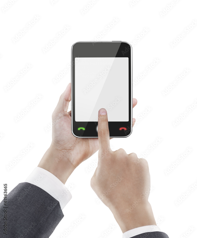 businessman pressing smart phone