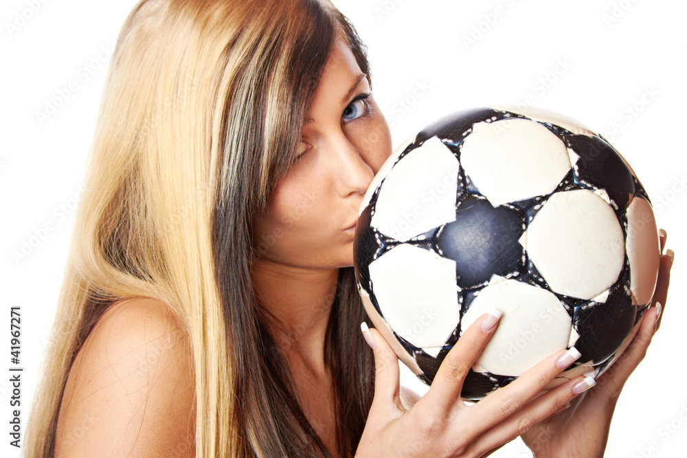 smiling happy young girl kissing a ball smiling happy young girl kissing a ball
