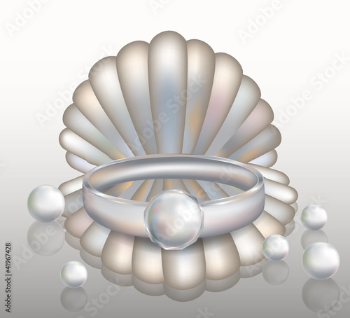 Platinum ring with pearl and shell