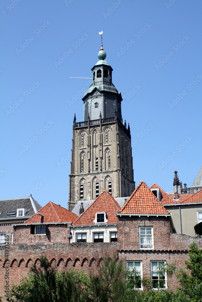 Church and city wall in Zutphen (Netherlands)