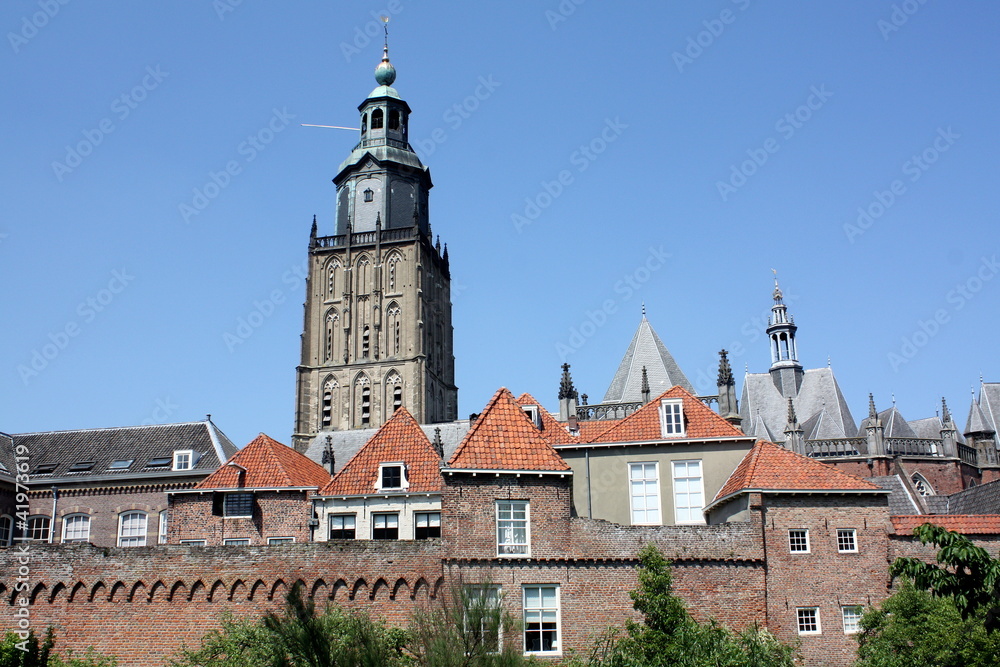 Church tower and city wall in Zutphen (Netherlands)