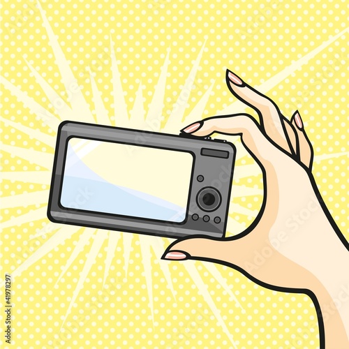 Illustration of a female hand holding a photo camera