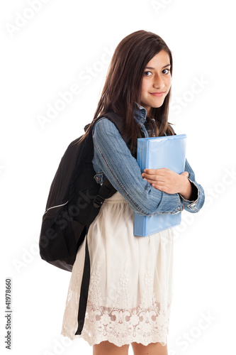 Preteen student with backpack and folder isolated on white photo