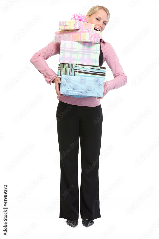 Full length portrait of woman holding stack of present boxes Full length portrait of woman holding stack of present boxes