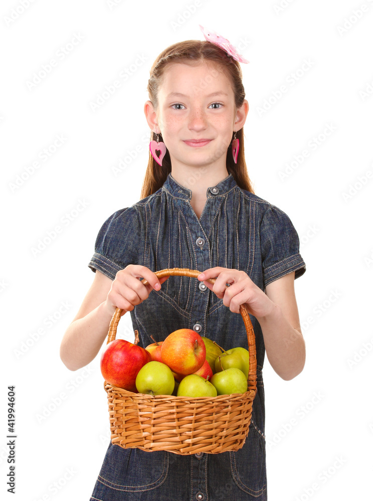 beautiful little girl holding basket of apples isolated on beautiful little girl holding basket of apples isolated on