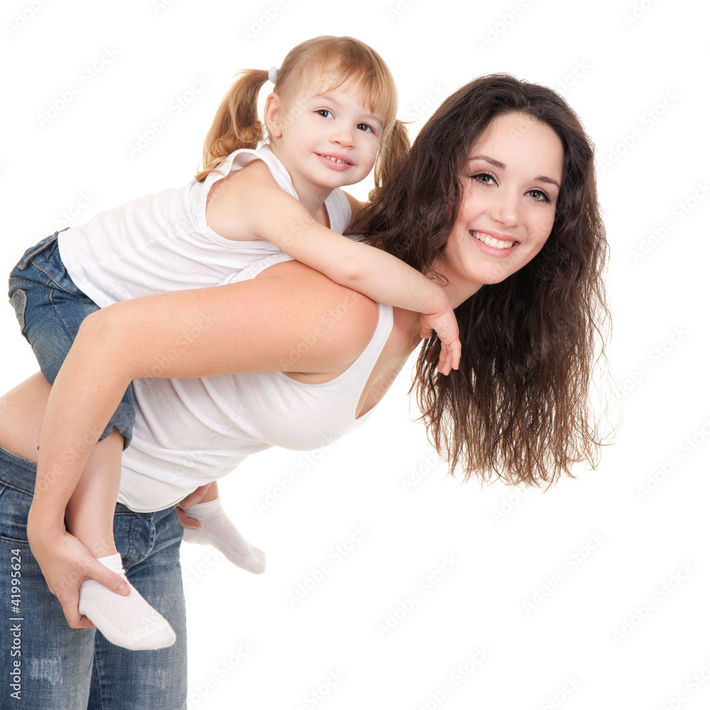 Happy mother and daughter playing on the white background Happy mother and daughter playing on the white background