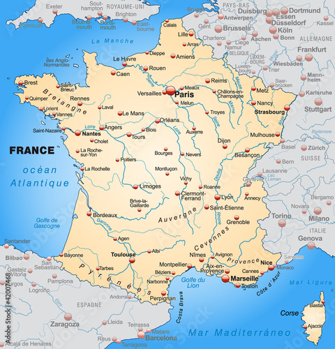 Map of France with neighboring countries in orange