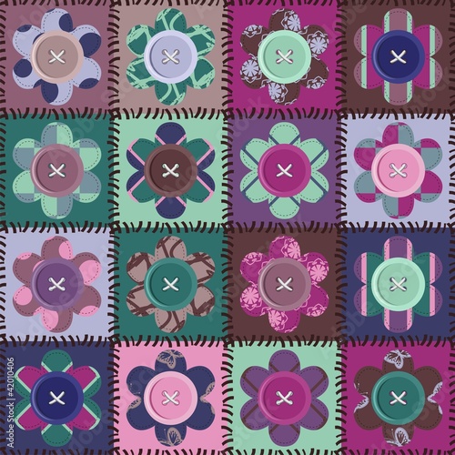 patchwork background with flowers and buttons
