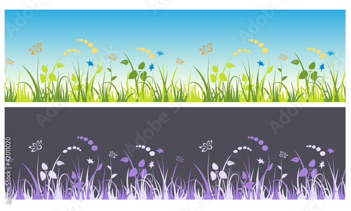 Seamless decorative grass and flowers patterns