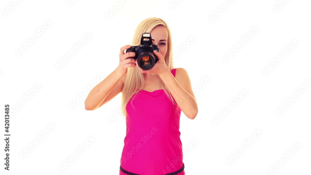young blonde woman with professional photo camera young blonde woman with professional photo camera