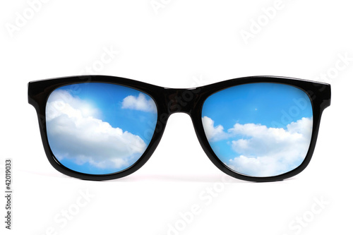 black sunglasses with sky reflection