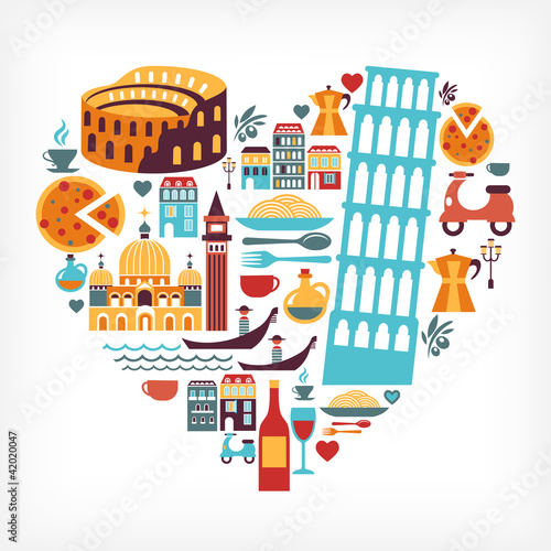 Italy love - heart shape with vector icons