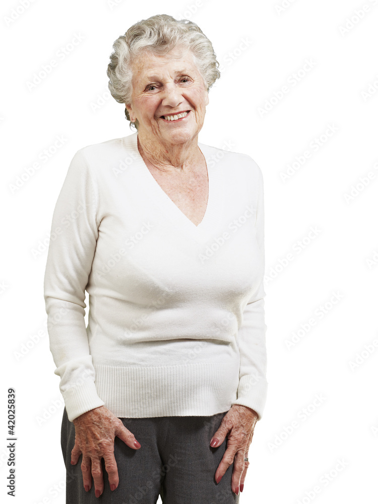 pretty senior woman smiling against a white background pretty senior woman smiling against a white background