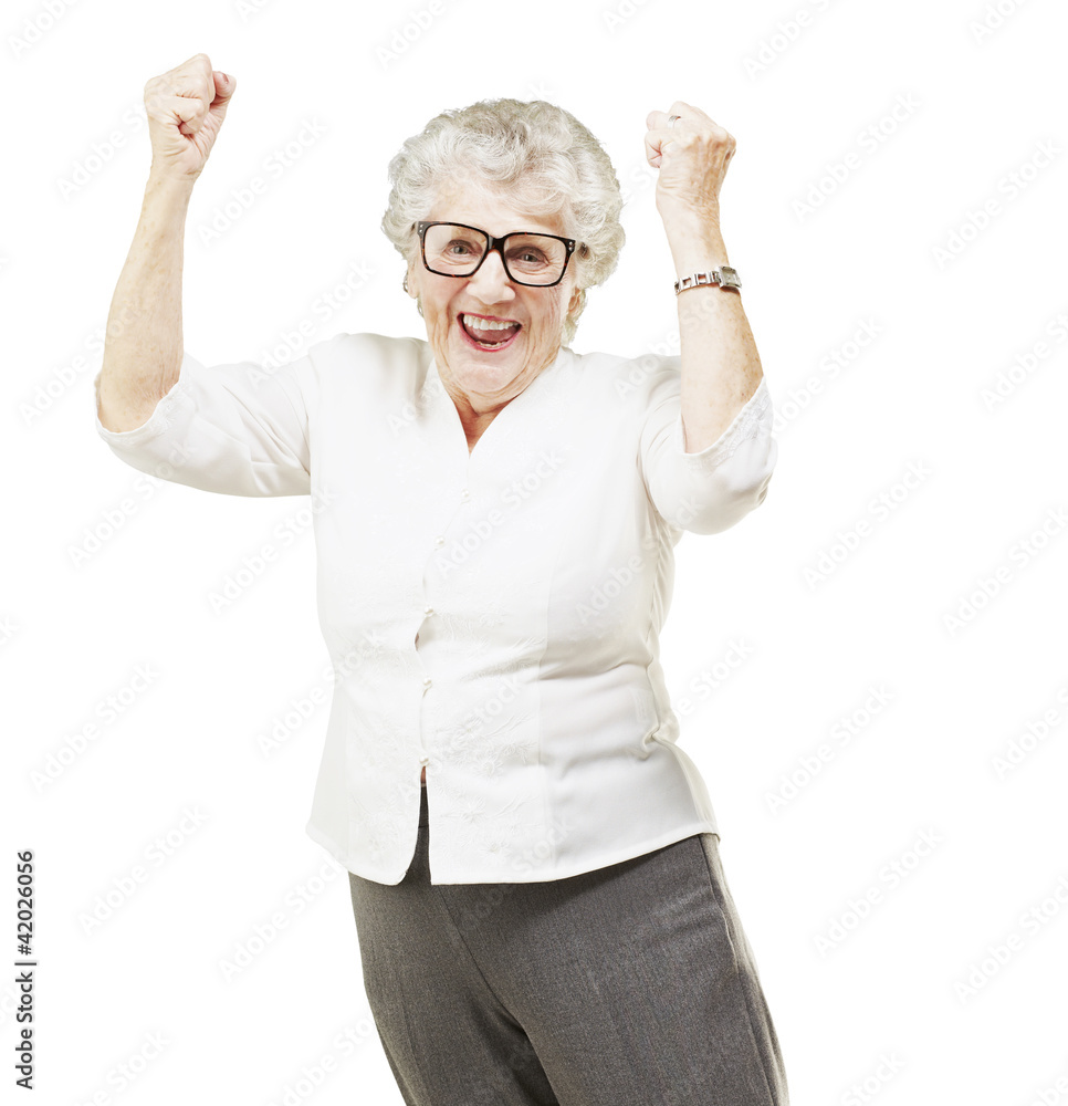 portrait of a cheerful senior woman gesturing victory over white portrait of a cheerful senior woman gesturing victory over white