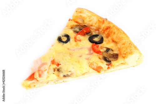 Cut off slice pizza on white background