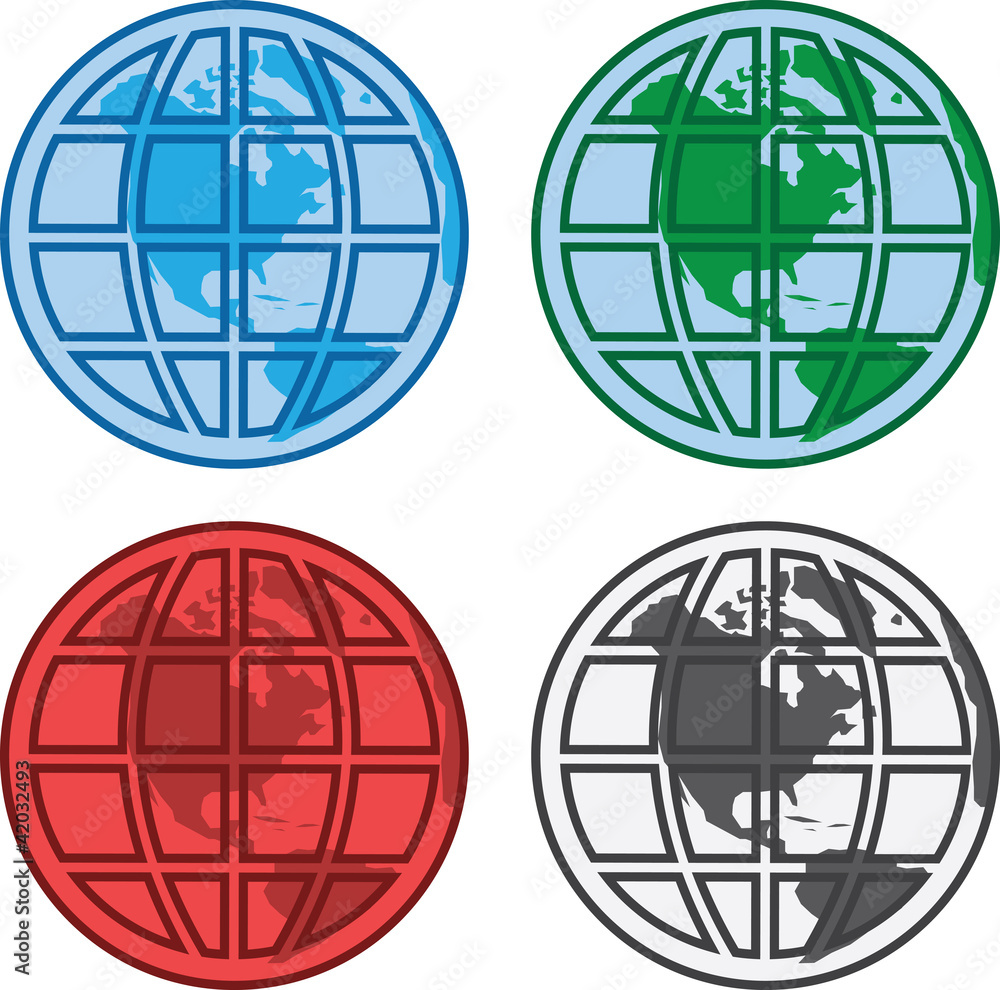 Various colored globes with grid overlay Various colored globes with grid overlay