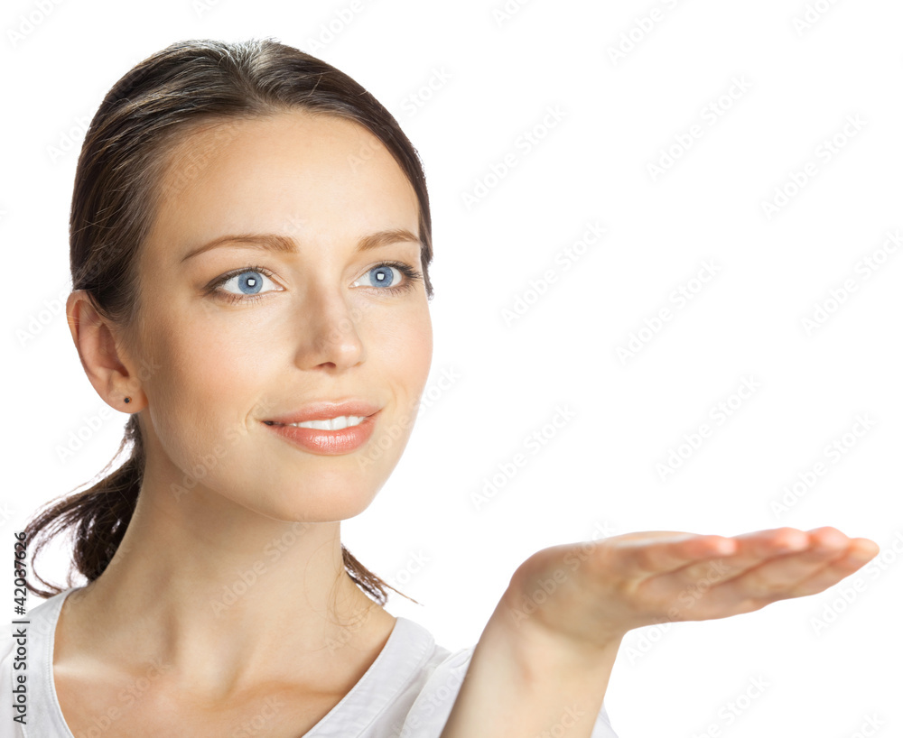 Business woman showing, isolated