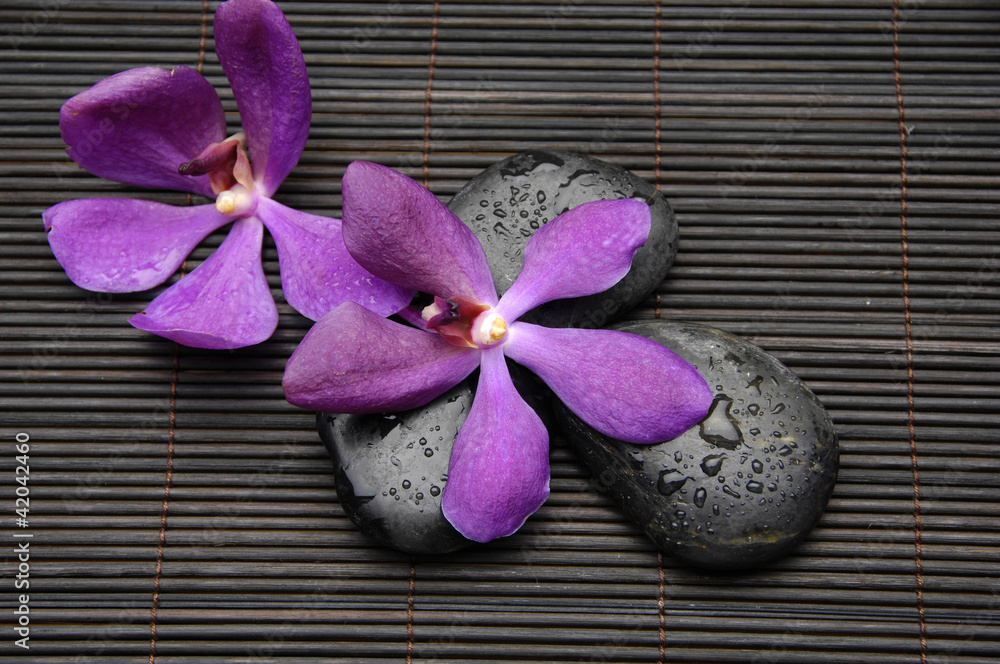 Two pink orchid on zen stones on mat Two pink orchid on zen stones on mat