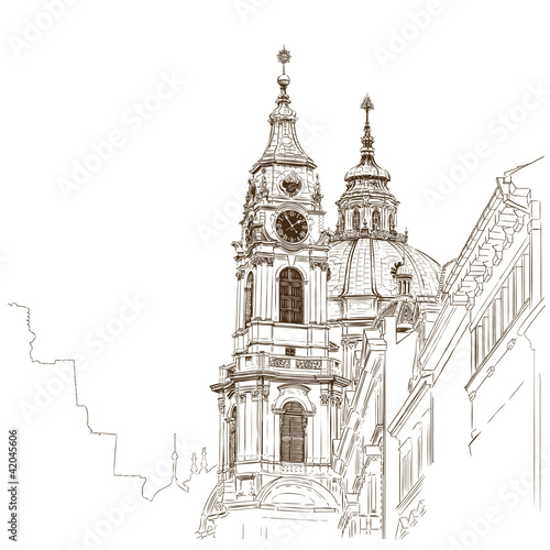 Vector sketch of Saint Nicholas Cathedral in Prague
