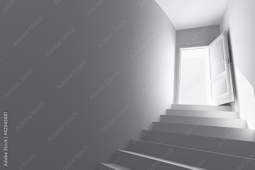 Fototapeta premium Spiral staircase to the open door.