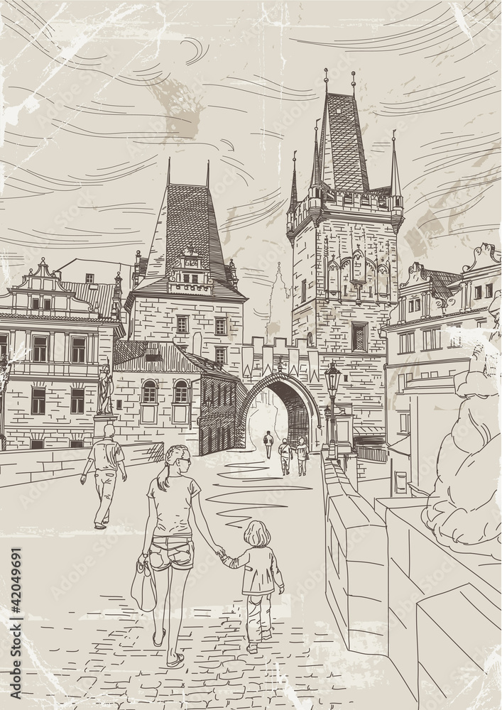Vector drawing of a tower at the end of the Charles Bridge