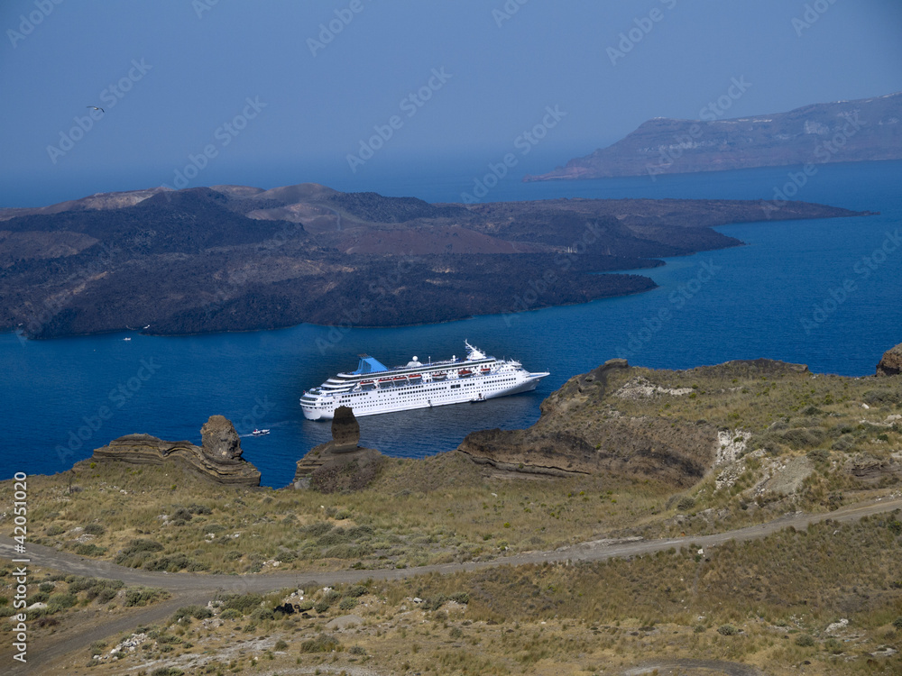 Cruise ship in the Caldera at Santorini Greece
