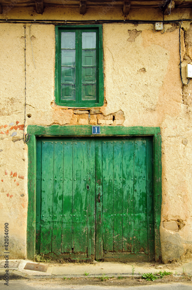 Old green door and window