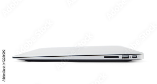 Thin gray laptop, white background