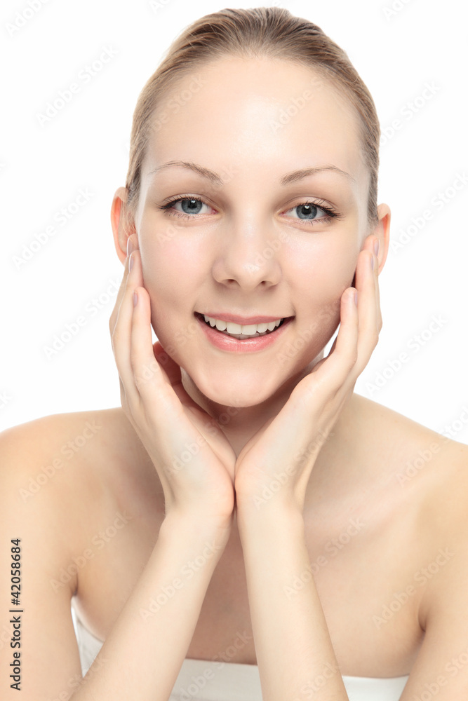 Young Caucasian woman to face the hand Young Caucasian woman to face the hand