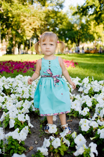 Little girl in the meadow of flowers