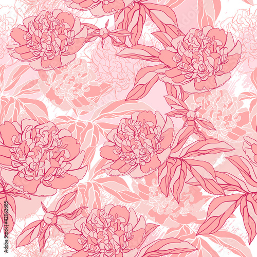 Vector pattern with peony and foliage. Hand drawn illustration.