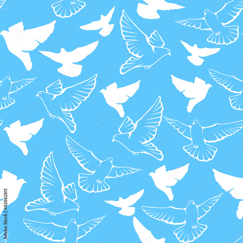 Fototapeta premium Vector seamless pattern of a flock flying pigeons.