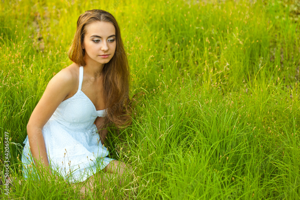 beautiful woman sitting in the grass beautiful woman sitting in the grass