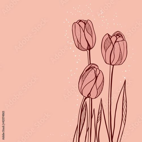 Abstract floral illustration with tulips on pink background.
