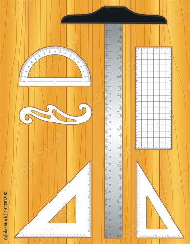 Architecture, Engineering Drafting Tools on wood drawing board