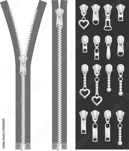 Open zipper, closed zipper with sliders set