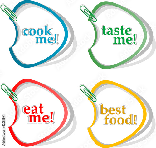Eat me, taste me, cook me and best food stickers. Vector set