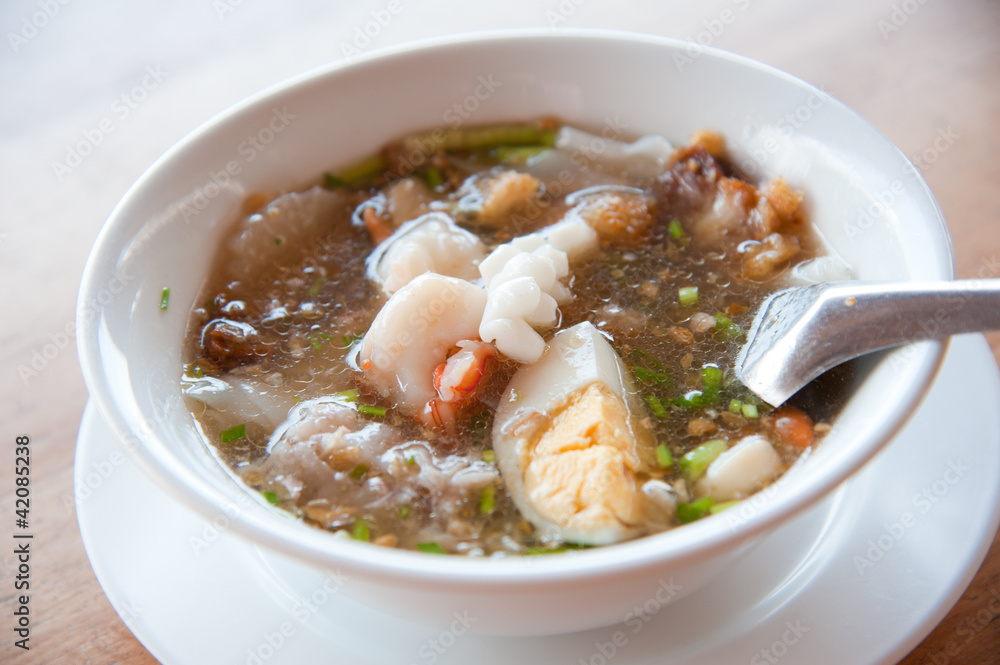 Seafood paste of rice flour (noodle) with egg, shrimp, squid Seafood paste of rice flour (noodle) with egg, shrimp, squid