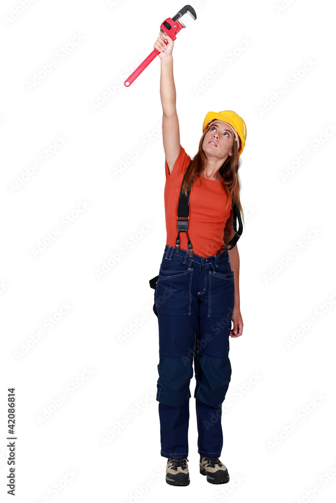 craftswoman raising a spanner craftswoman raising a spanner