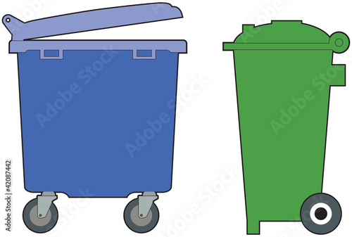 Green and blue, household and industrial wheelie bins