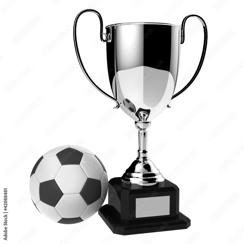 Soccer silver award trophy isolated on white background with cli