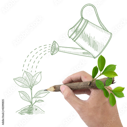 Male hand drawing green plant and watering can.