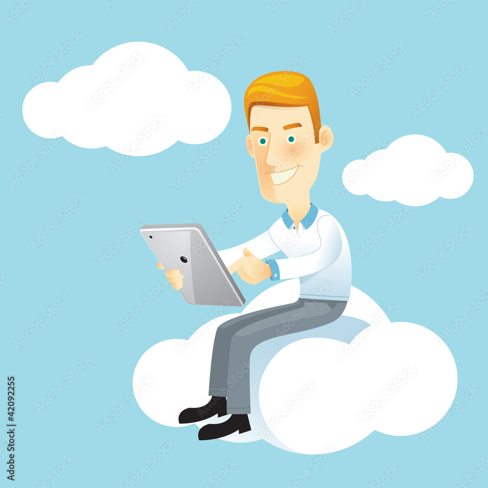 Business man using a tablet sitting on a cloud. Business man using a tablet sitting on a cloud.